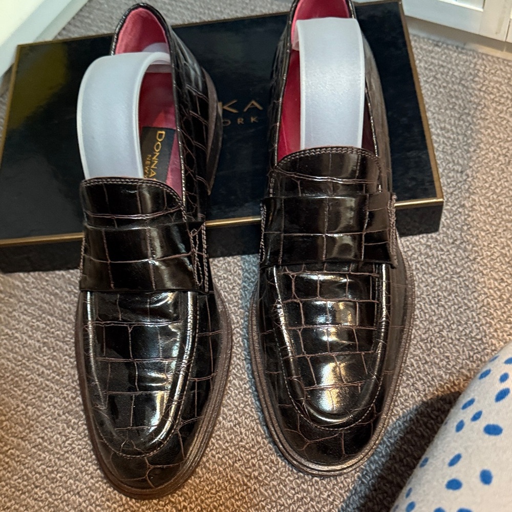 Donna Karan Glossy Black Crocodile Loafers